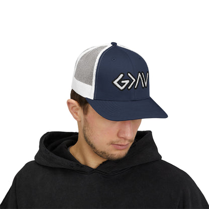 GOD>Ups & Downs Trucker Cap – Embroidered Snapback Mesh Hat
