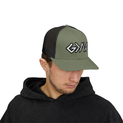 GOD>Ups & Downs Trucker Cap – Embroidered Snapback Mesh Hat