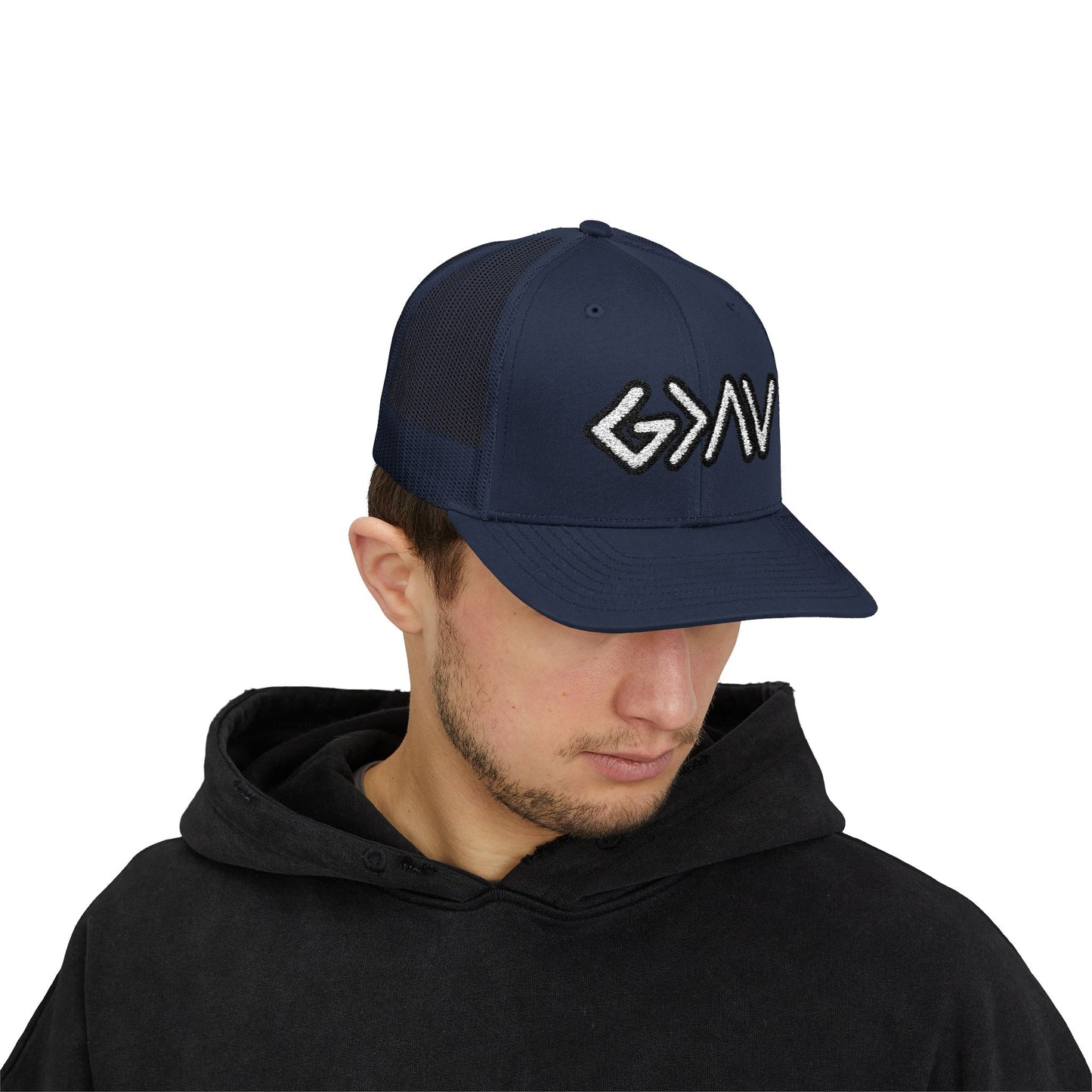 GOD>Ups & Downs Trucker Cap – Embroidered Snapback Mesh Hat