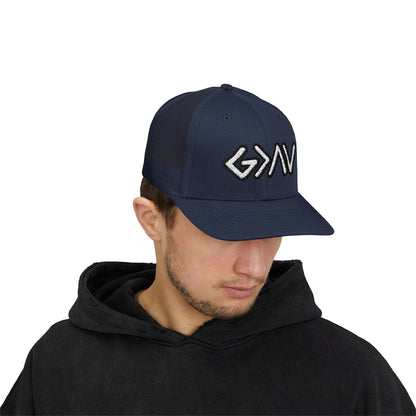 GOD>Ups & Downs Trucker Cap – Embroidered Snapback Mesh Hat