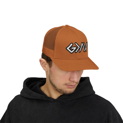 GOD>Ups & Downs Trucker Cap – Embroidered Snapback Mesh Hat