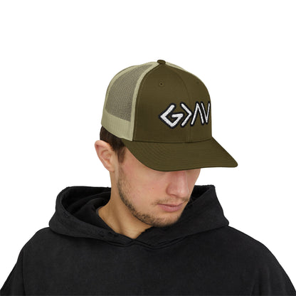 GOD>Ups & Downs Trucker Cap – Embroidered Snapback Mesh Hat