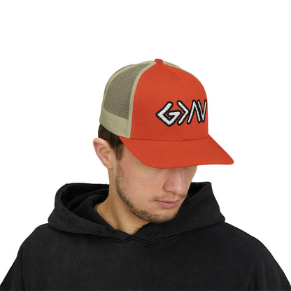 GOD>Ups & Downs Trucker Cap – Embroidered Snapback Mesh Hat